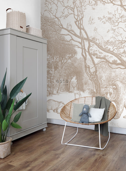 ESTAhome fotobehang bos met bosdieren beige - 350 x 279 cm - 159064