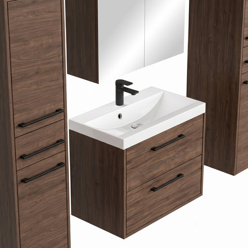 Badplaats Badkamermeubel Set Florence 60 cm XL – Walnoot Bruin – Hangend Badmeubel met Wastafel, Spiegelkast en Zijkasten