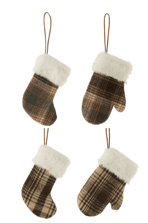 J-Line kersthanger Handschoen/Sok/Muts Geruit - textiel - bruin/beige - 4 stuks