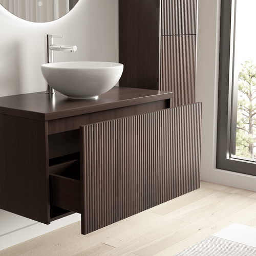 LOMAZOO badmeubelset Tropani - geribbeld - opbouw - met hoge kast & witte waskom - walnoot - 80 cm