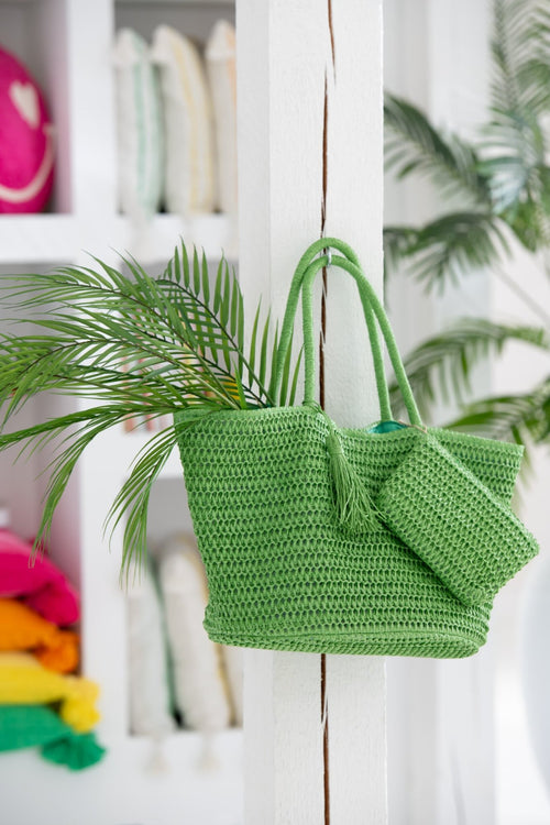 J-Line strandtas + tasje - papier - groen/geel - 2 stuks
