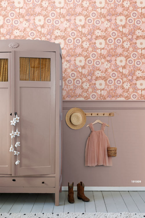 ESTAhome behang retro bloemen roze, paars en beige - 50 x 900 cm - 132159