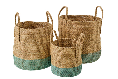 J-Line mand met handvatten - papier - naturel/grijsgroen - set van 3