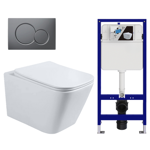 LOMAZOO hangtoiletset Linea - met inbouwreservoir & ronde drukplaat - vierkant - gun metal / wit