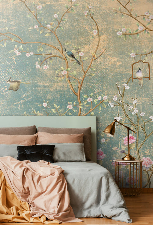Sanders & Sanders fotobehang bloemen en vogels zeegroen - 350 x 270 cm - 601001 - vtwonen shop