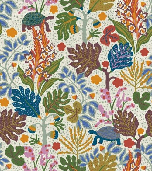 Borastapeter behang bladeren groen, geel, roze en blauw - 49 cm x 10.05 m - 660831 - vtwonen shop