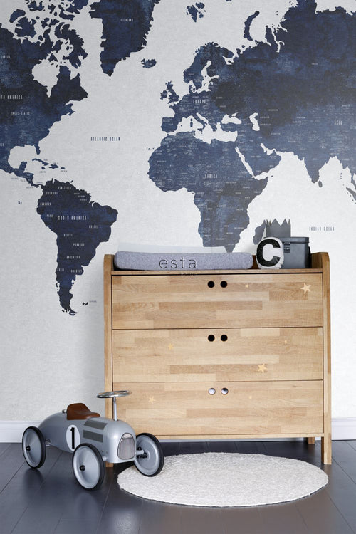 ESTAhome fotobehang vintage wereldkaart blauw - 279 x 279 cm - 158853 - vtwonen shop