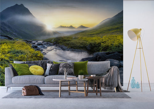 Sanders & Sanders fotobehang berglandschap groen, grijs en geel - 375 x 270 cm - 601030