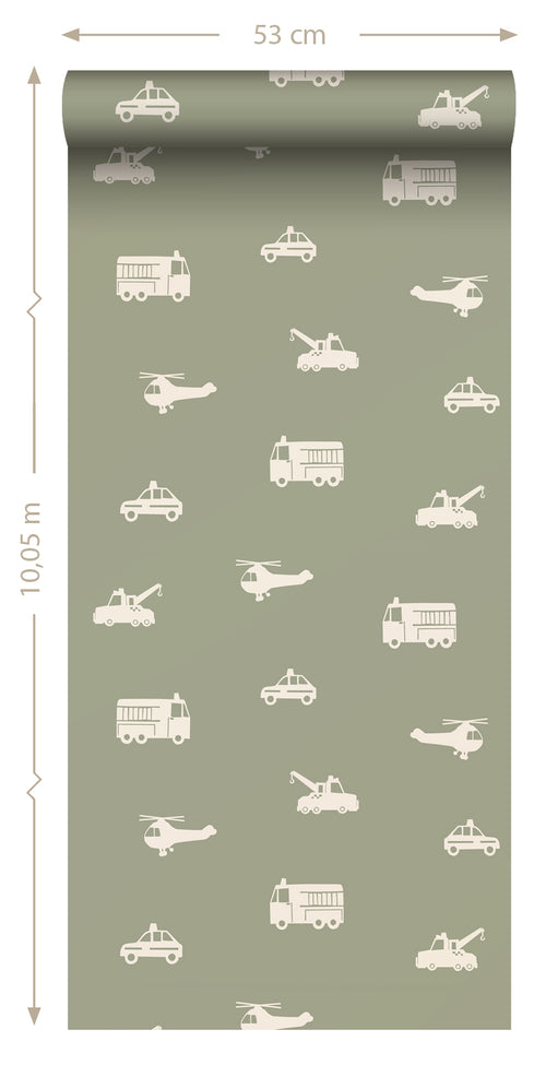 ESTAhome behang auto's, brandweerauto's, helikopters en kranen vergrijsd groen - 50 x 900 cm - 131454 - vtwonen shop