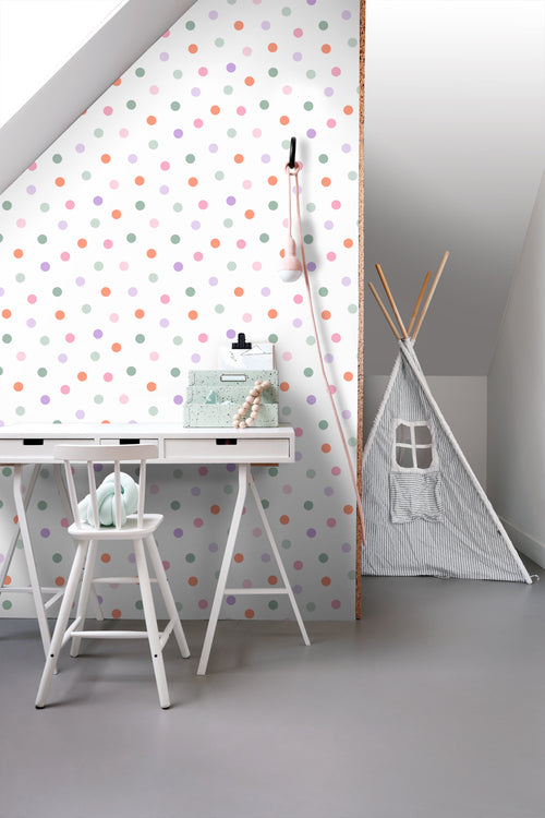 ESTAhome behang stip paars, oranje, roze en groen - 50 x 900 cm - 131622