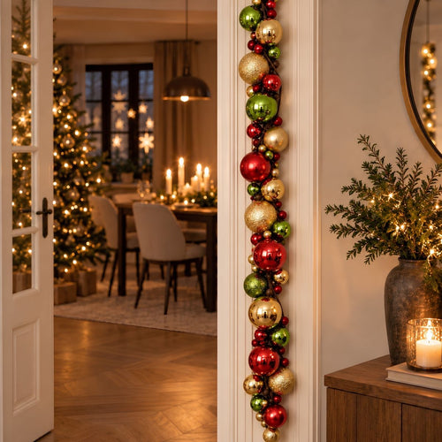 Mica Decorations Kerstslinger Goud Rood Donkergroen - Kerstballenslinger van Gerecycled Polystyreen - Sfeervolle Kerstdecoratie voor Schouw of Trap -