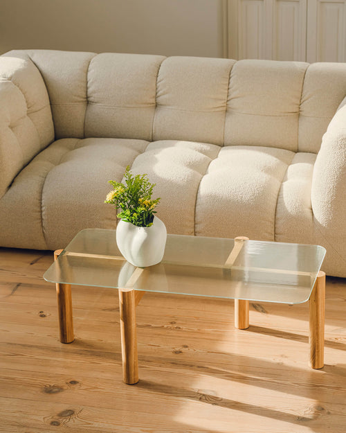 noo.ma Kob salontafel - ornamenten gehard glas, massief eiken poten, 116 x 60 x 11 cm