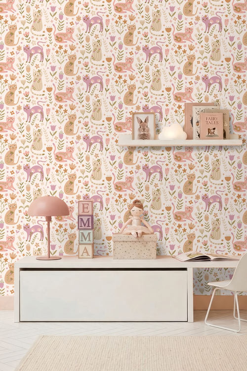 ESTAhome behang katjes paars, roze en beige - 50 x 900 cm - 132179