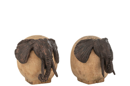 J-Line figuur Olifant - hout/metaal - naturel/brons - 2 stuks