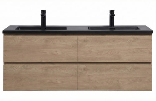 Badplaats Badkamermeubel Set Angela 140 cm – Kastanje Eiken – Badmeubel met Zwarte Wastafel
