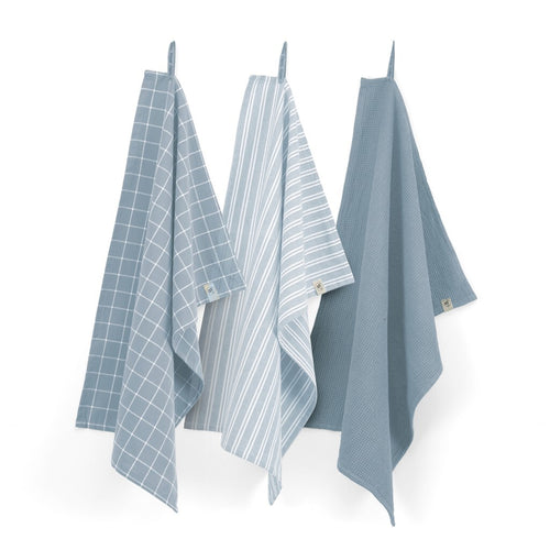 Walra - Keukenset Dry w. Cubes Uni, Stripes & Blocks - 3x 50x70 cm - Jeans Blauw