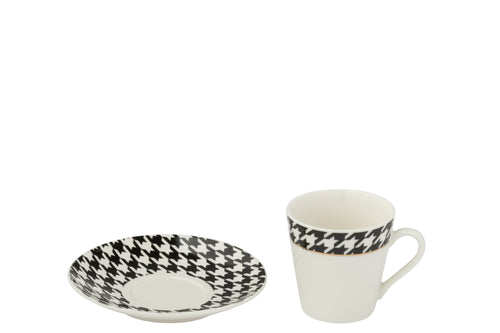 J-Line koffietas + bord Pied-Poule - porselein - wit - doos van 4