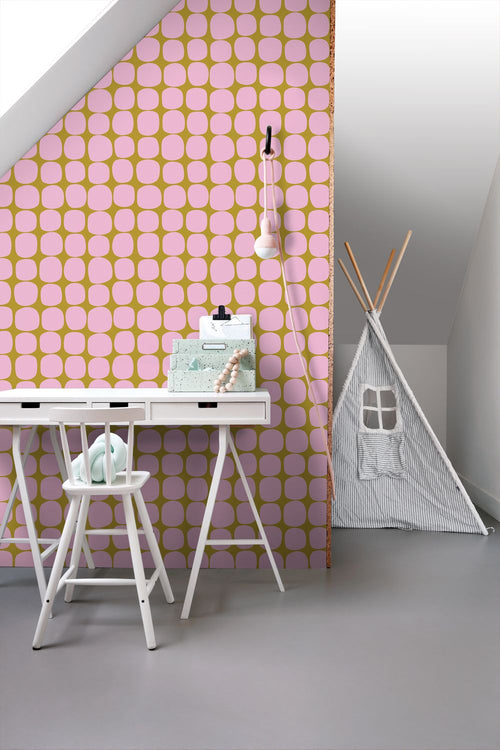 ESTAhome behang grafisch motief lila roze en mosterdgeel - 50 x 900 cm - 131983