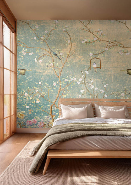 Sanders & Sanders fotobehang bloemen en vogels zeegroen - 350 x 270 cm - 601001