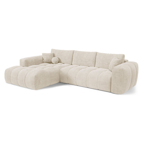 Premium Interiors - Linkshoekbank met slaapfunctie en opbergruimte SKY - kruisbinding  crème 310cm