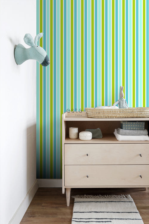 ESTAhome behang verticale strepen turquoise, limegroen en wit - 53 cm x 10.05 m - 138703