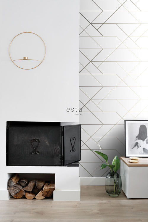 ESTAhome behang grafische lijnen wit en goud - 53 cm x 10.05 m - 139143