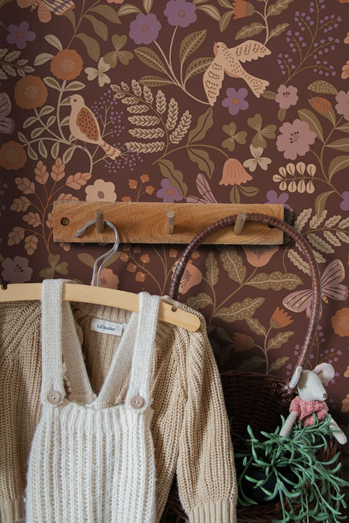 ESTAhome behang bloemen en vogels bruin, groen, terracotta en paars - 53 cm x 10.05 m - 131467