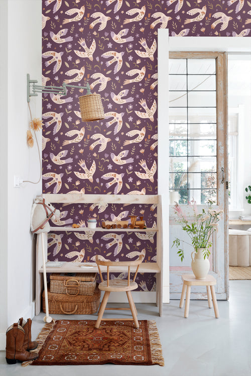 ESTAhome behang bloemen en vogels paars - 50 x 900 cm - 131757