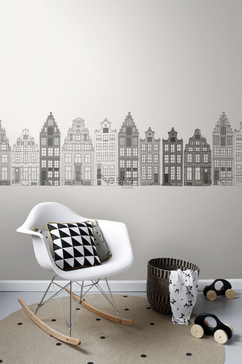 ESTAhome XXL behangrand Amsterdamse huizen grijs - 430 x 50 cm - 157714 - vtwonen shop