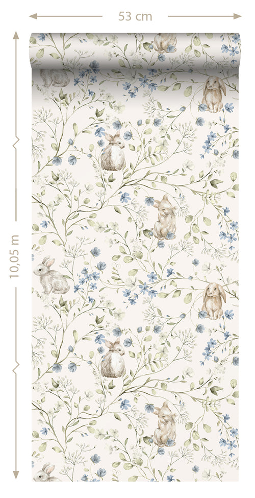 ESTAhome behang konijnen beige, groen, blauw en wit - 50 x 900 cm - 131138 - vtwonen shop