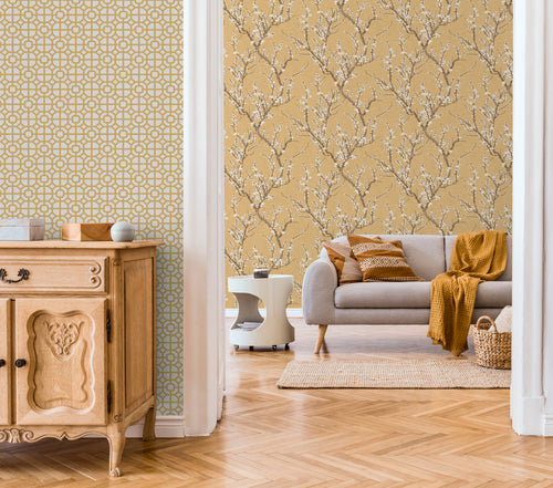 Sanders & Sanders behang bloesemtak okergeel en wit - 53 cm x 10 m - 640176 - vtwonen shop
