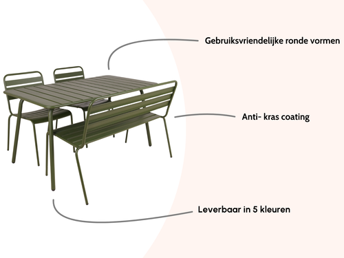 MaximaVida metalen tuinset Max olijfgroen 150 cm – 1 tafel met 2 stoelen en 1 bank - vtwonen shop