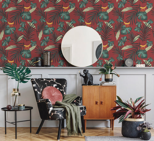 Walls4You behang apen en jungle bladeren rood en groen - 53 cm x 10 m - 640348
