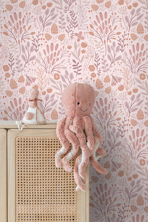 ESTAhome behang bladeren en bloemen lila paars en terracotta - 50 x 900 cm - 131386 - vtwonen shop