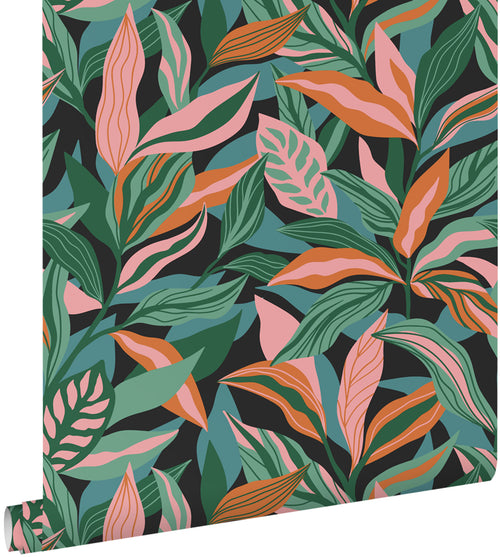 ESTAhome behang tropische bladeren turquoise, roze en oranje - 50 x 900 cm - 131046 - vtwonen shop