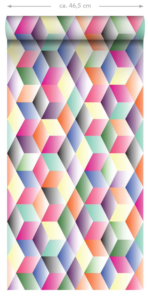 ESTAhome XXL behang 3D kubussen roze, geel, groen en blauw - 50 x 900 cm - 158913 - vtwonen shop