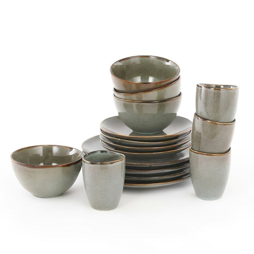 Mica Decorations Tabo Serviesset 16-Delig Groen - Keramische Borden voor 4 Personen - Complete Set met Mokken en Schaaltjes - Handgemaakt Botanisch