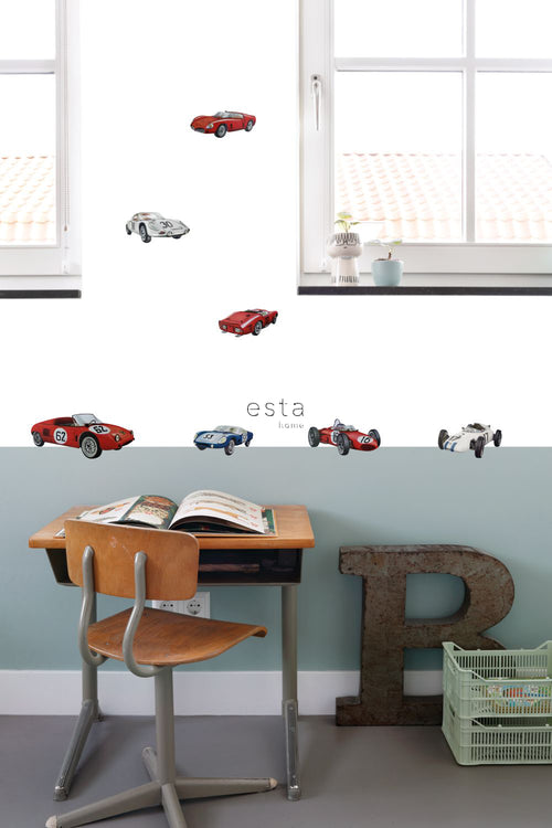 ESTAhome muursticker sportauto's rood, wit en blauw - 47.5 x 66 cm - 156108