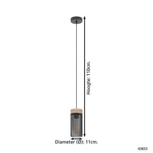 EGLO hanglamp Kilnsdale - e27 - ø 11 cm - staal/hout - zwart/bruin - vtwonen shop