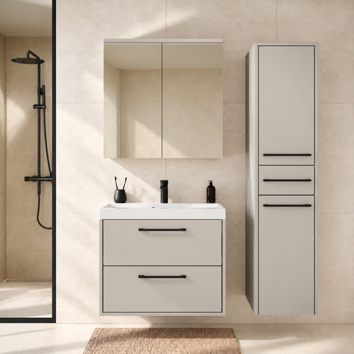 Badplaats Badkamermeubel Set Florence 60 cm – Beige – Hangend Badmeubel met Wastafel, Spiegelkast en Zijkast