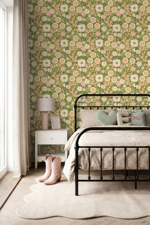 ESTAhome behang retro bloemen groen, roze en oranje - 50 x 900 cm - 132160