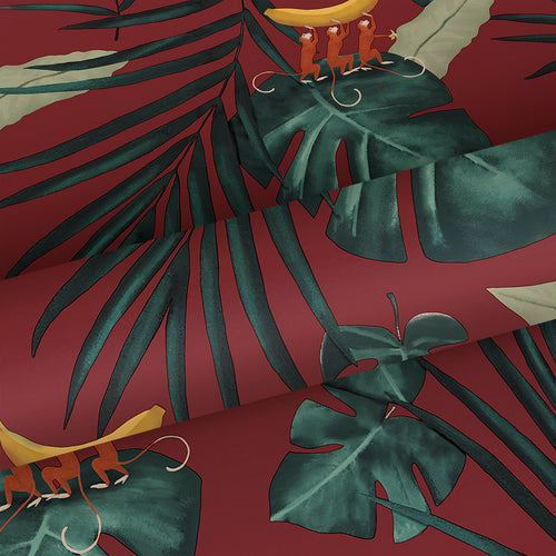 Walls4You behang apen en jungle bladeren rood en groen - 53 cm x 10 m - 640348