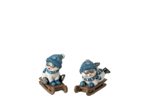J-Line figuur Sneeuwman Slee - polyresin - wit/blauw - 2 stuks