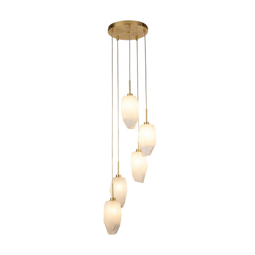 Searchlight Rocky 5-lichts clusterlamp met plafondlamp, satijnen messing metaal en glas