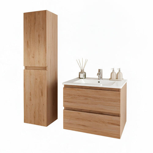LOMAZOO badmeubelset Verona - met hoge kast & witte wastafel - licht eiken - 60 cm