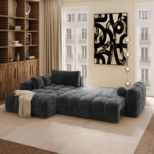 Premium Interiors - Linkshoekbank met slaapfunctie en opbergruimte SKY - gewaafd fluweel leisteengrijs 310cm