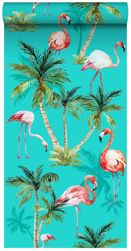 ESTAhome XXL behang flamingos turquoise, groen en roze - 50 x 900 cm - 158609