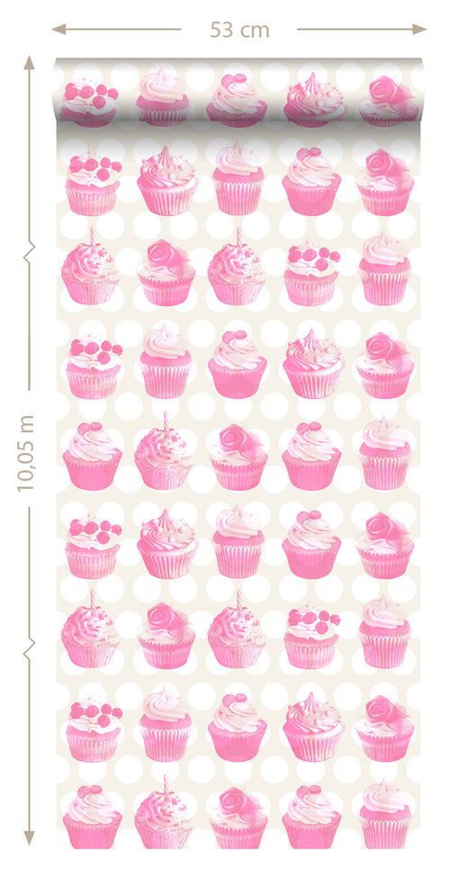 ESTAhome behang cupcakes op glanzende stip roze - 53 cm x 10.05 m - 138723