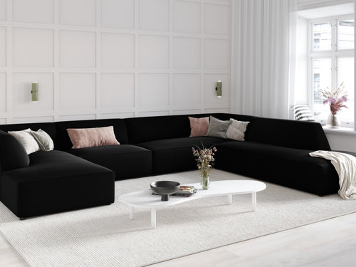 Micadoni Panoramische hoekbank rechts Ruby 7-zits, flueel, zwart - 273x366x69cm