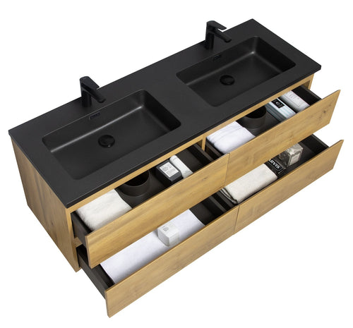 Badplaats Badkamermeubel Set Angela 140 cm – Eiken – Badmeubel met Zwarte Wastafel